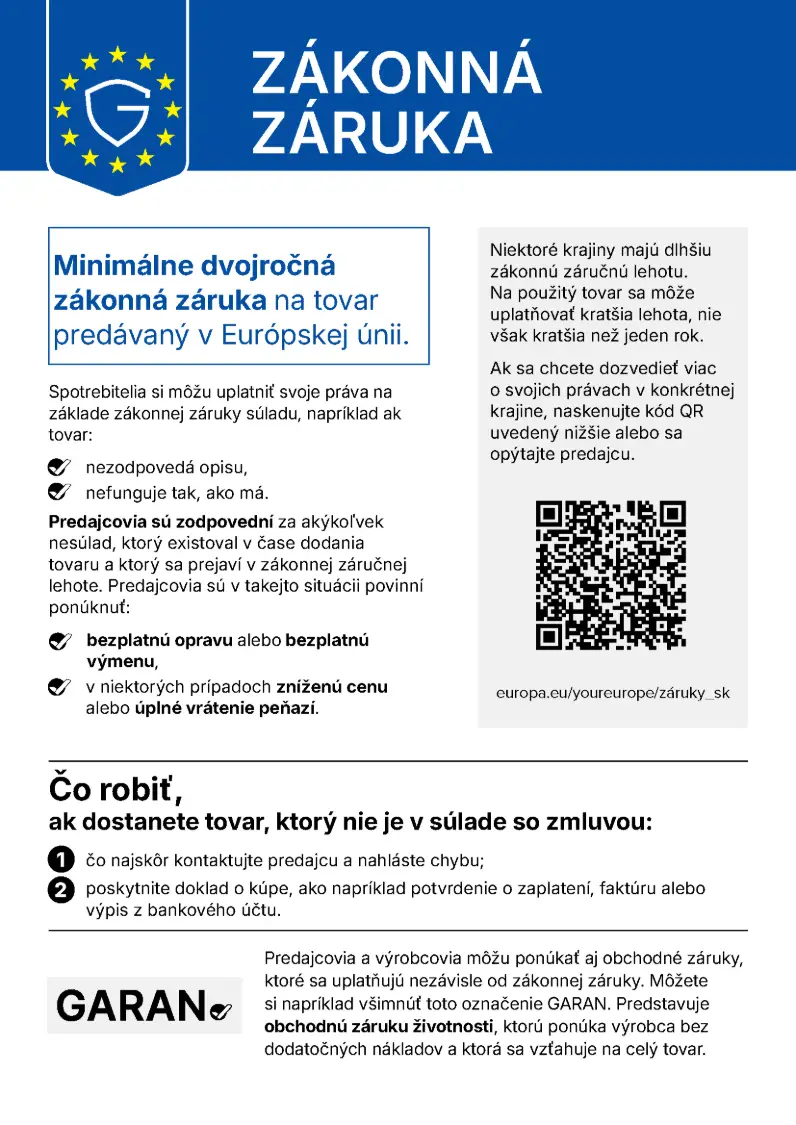 Zákonná záruka - oznámenie o zodpovednosti za vady tovaru